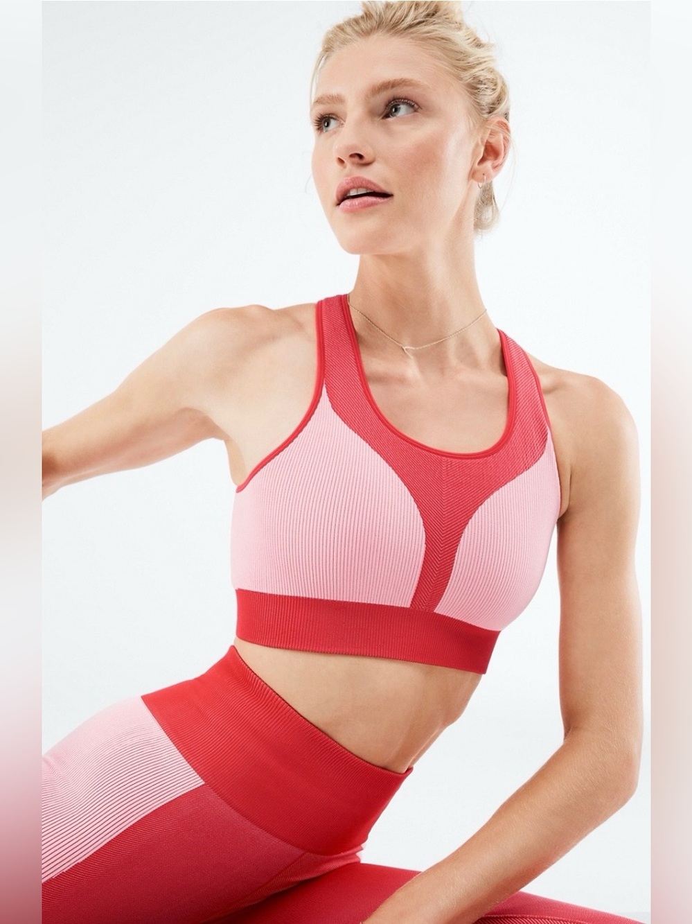 Fabletics Salsa Red Ribbed Seamless Longline Sports Bra Leggings Matching Set